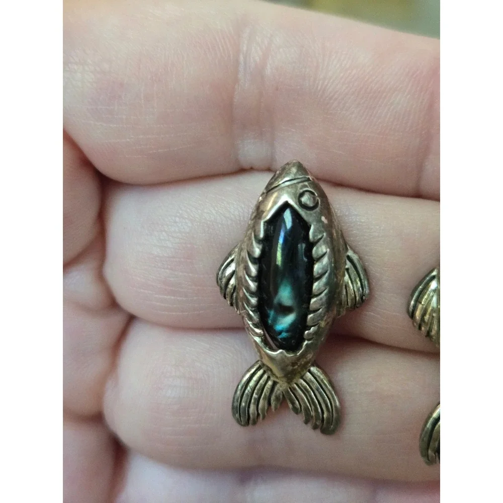 Mexican Sterling Silver Abalone Fish Earrings Pierced Vintage